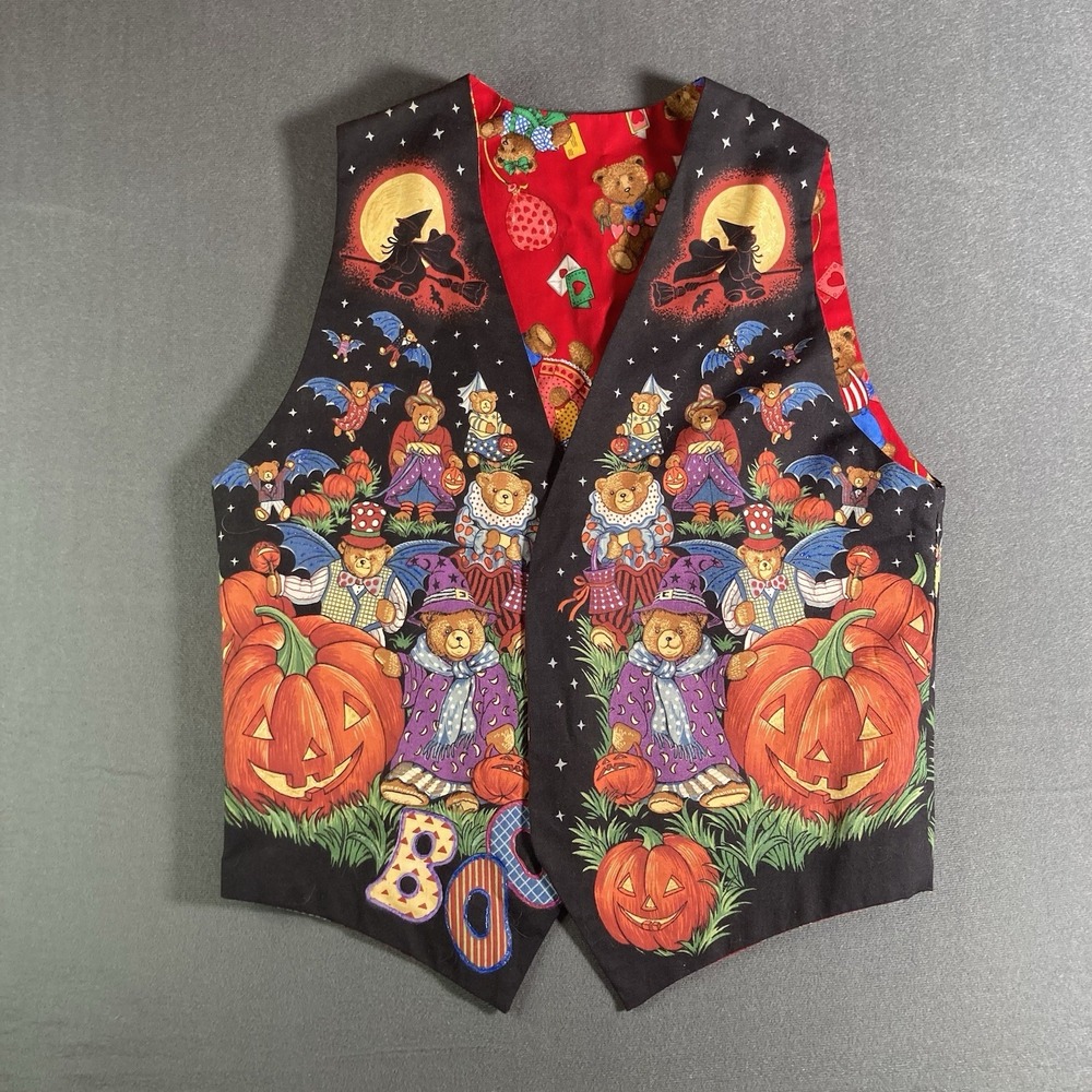 Vintage 90s Halloween Handmade Vest Womens L Teddy Bears Pumpkins Witch Bats